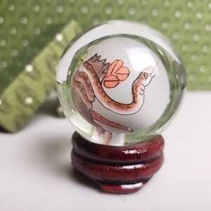 Vintage Chinese Inside Painted Glass Globe Snake Zodiac Art Sphere With Stand